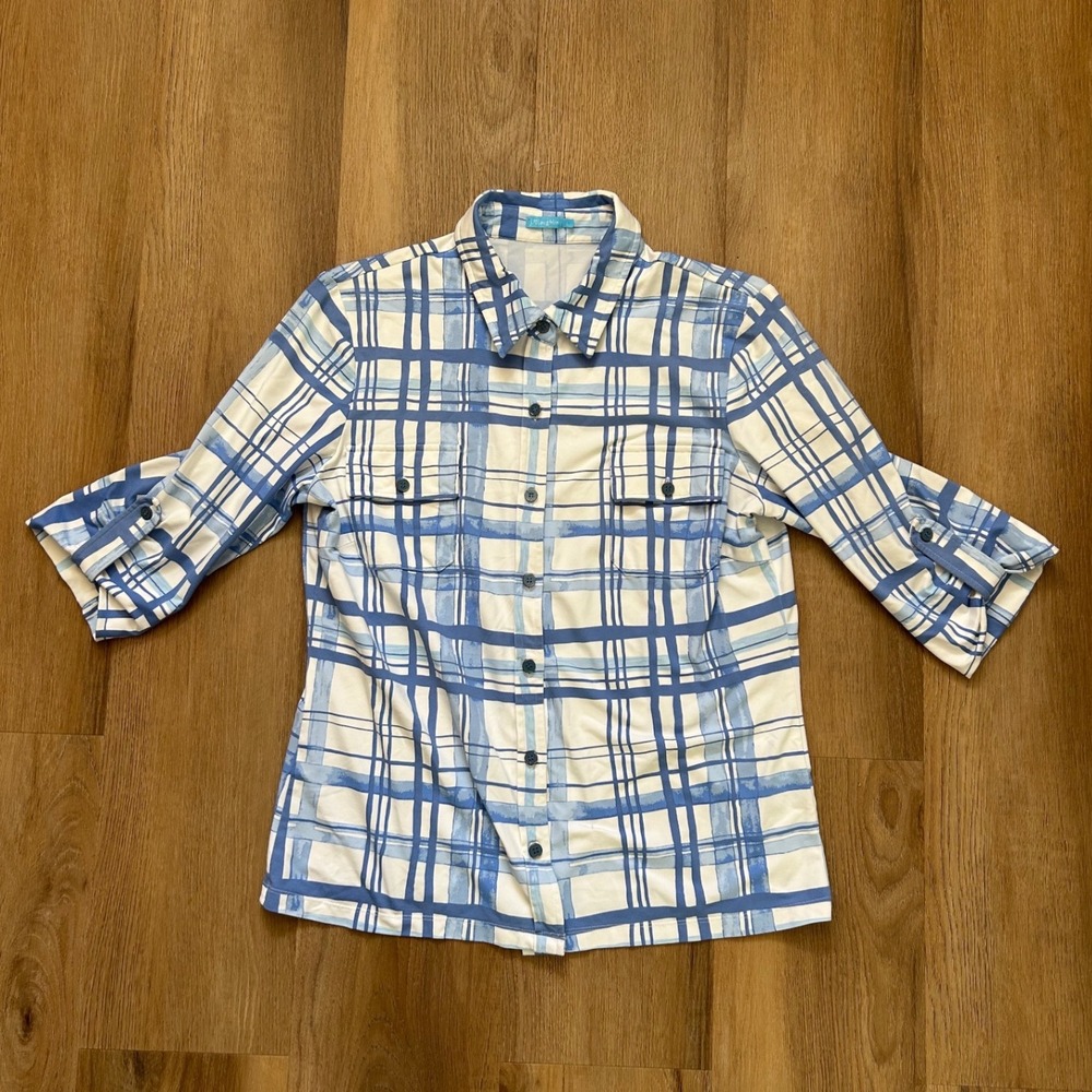 J. McLaughlin Catalina Cloth Blue White Plaid 3/4 Sleeve Button Down Shirt L